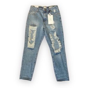 NWT Cotton On High 90s Distressed Denim Medium Wash Cut Off Jeans Womens 8